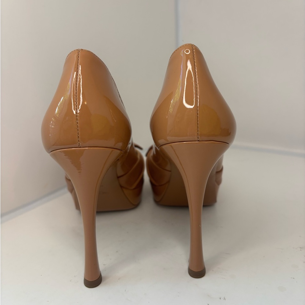 Yves Saint Laurent Brown Knotted Peep-Toe Heels - Picture 4 of 12